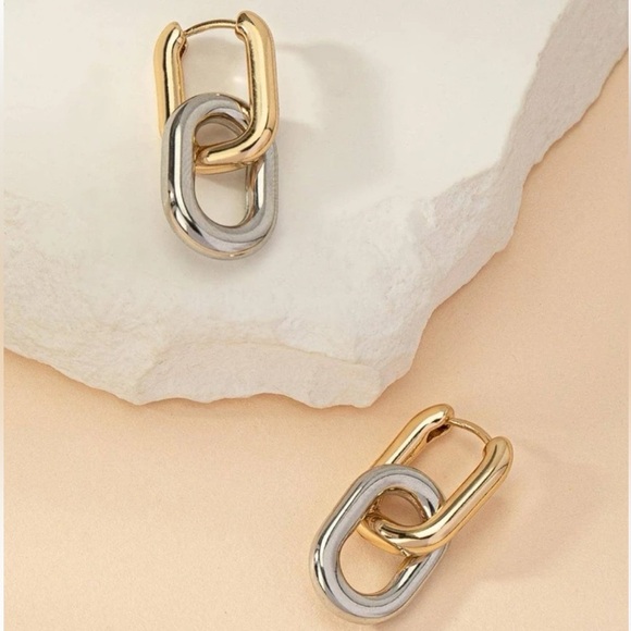 Mixed metal double link hoop sliver gold dangle earrings - Picture 4 of 5